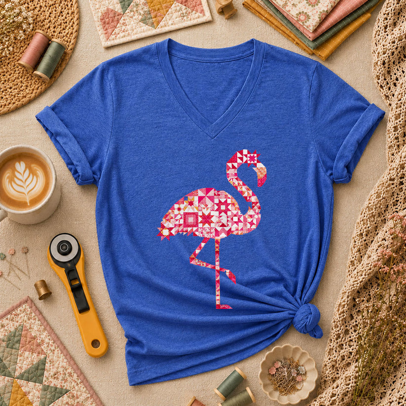 Flamingo Quilt Blocks Patchwork Pink Women's V-Neck - Heather True Royal