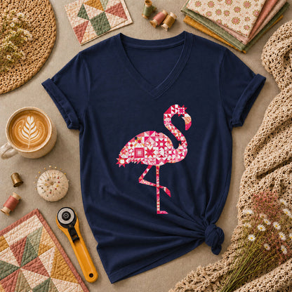 Flamingo Quilt Blocks Patchwork Pink Women's V-Neck - Navy