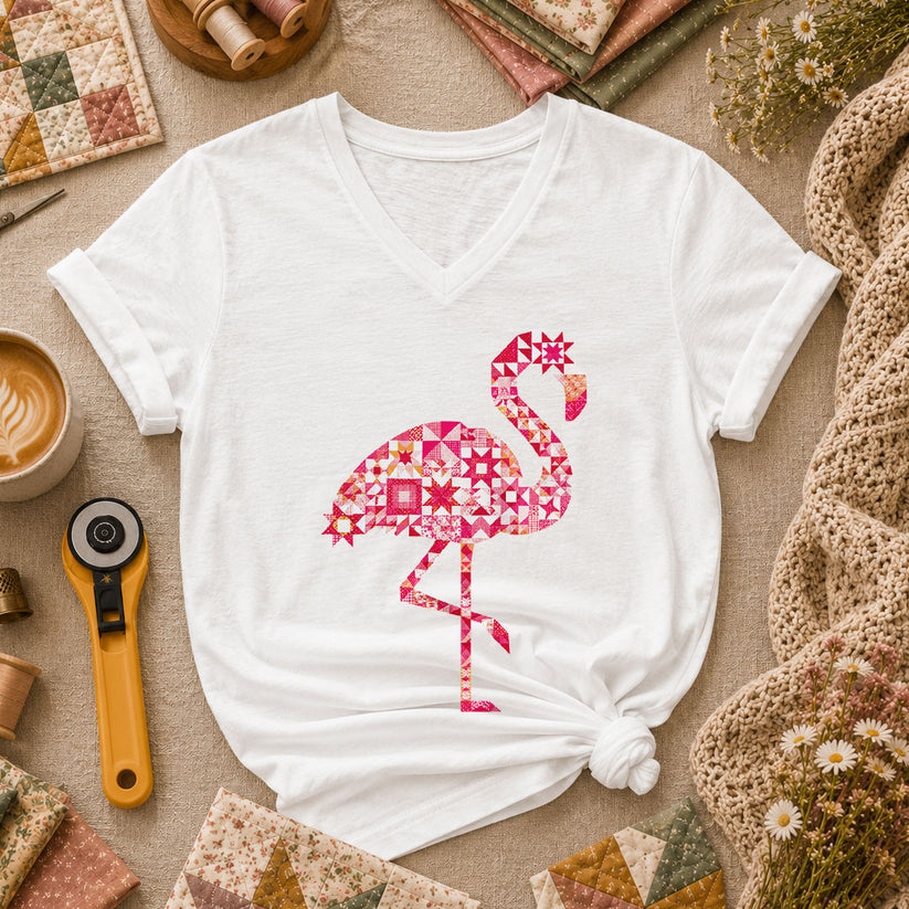 Flamingo Quilt Blocks Patchwork Pink Women's V-Neck - White