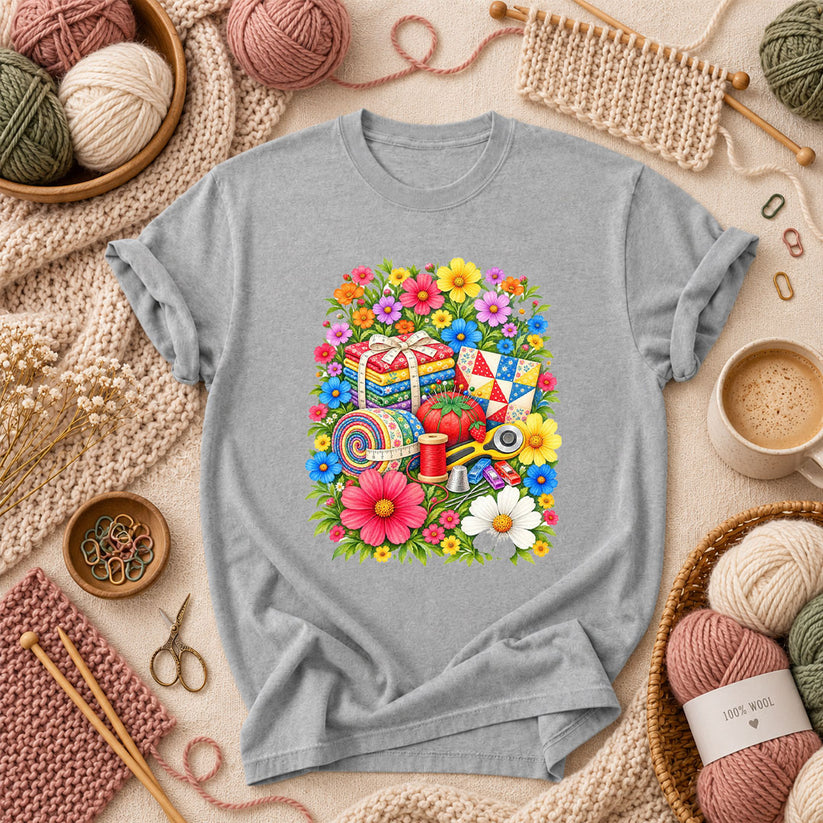 Floral Fabric Bundle With Pincushion And Rotary Cutter T-Shirt - Athletic Heather