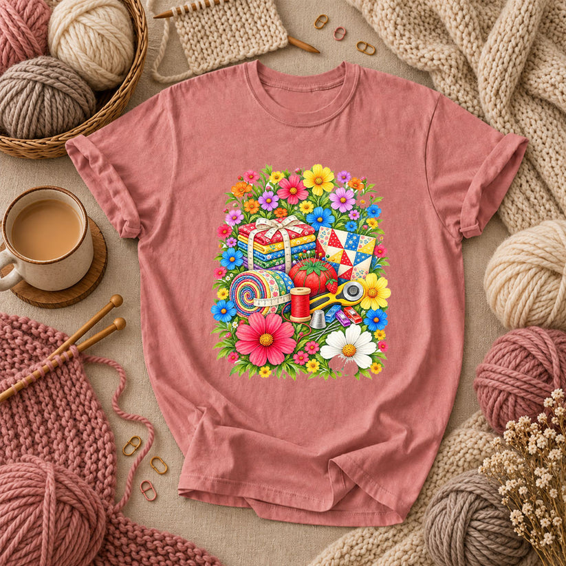 Floral Fabric Bundle With Pincushion And Rotary Cutter T-Shirt - Heather Mauve