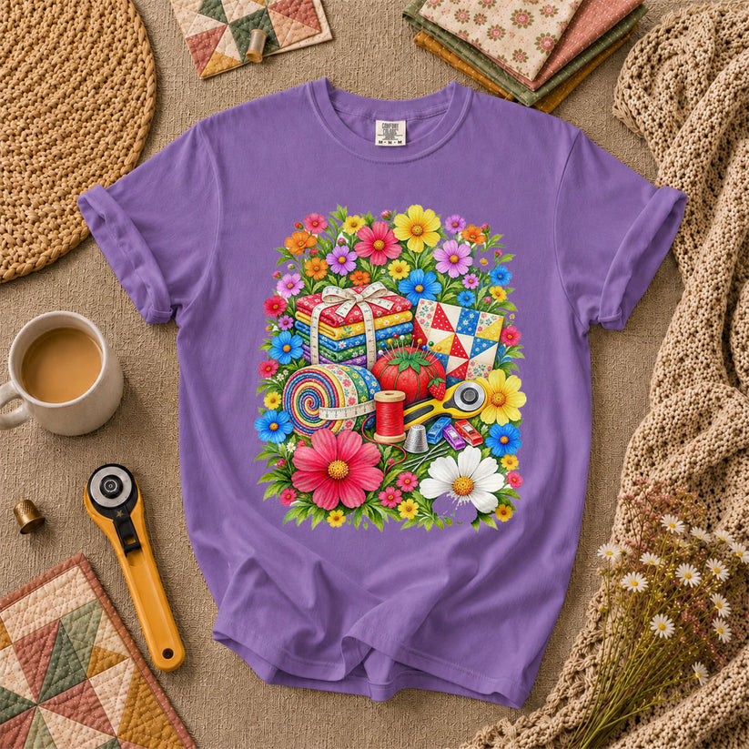 Floral Fabric Bundle With Pincushion And Rotary Cutter T-Shirt - Heather Team Purple