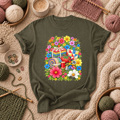 Floral Fabric Bundle With Pincushion And Rotary Cutter T-Shirt - Military Green