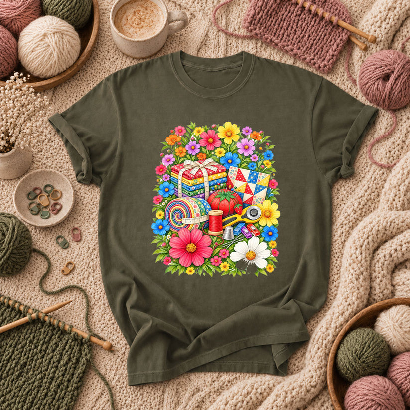 Floral Fabric Bundle With Pincushion And Rotary Cutter T-Shirt - Military Green