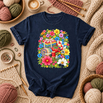 Floral Fabric Bundle With Pincushion And Rotary Cutter T-Shirt - Navy