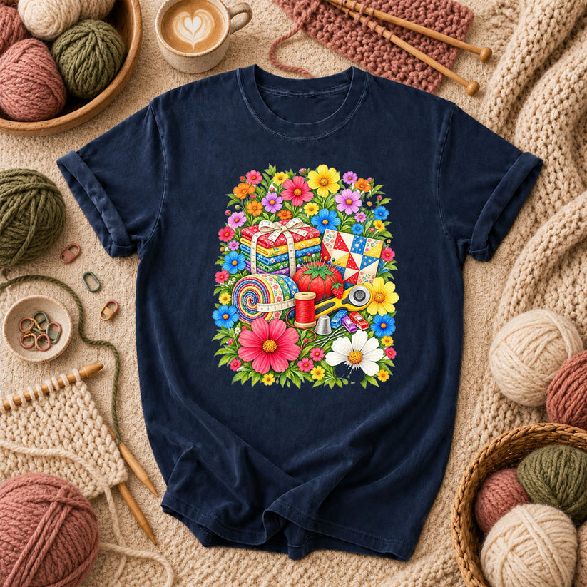 Floral Fabric Bundle With Pincushion And Rotary Cutter T-Shirt - Navy