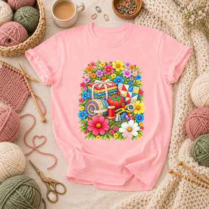 Floral Fabric Bundle With Pincushion And Rotary Cutter T-Shirt - Pink