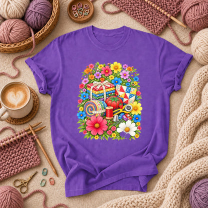 Floral Fabric Bundle With Pincushion And Rotary Cutter T-Shirt - Purple