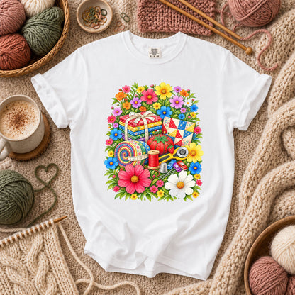 Floral Fabric Bundle With Pincushion And Rotary Cutter T-Shirt - White