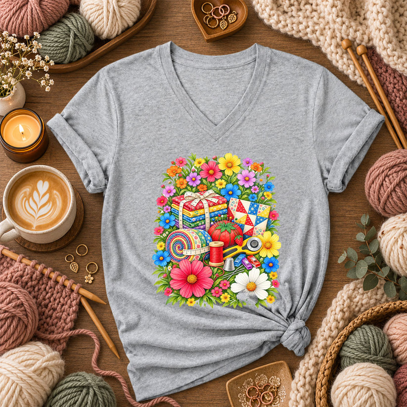 Floral Fabric Bundle With Pincushion And Rotary Cutter Women's V-Neck - Athletic Heather