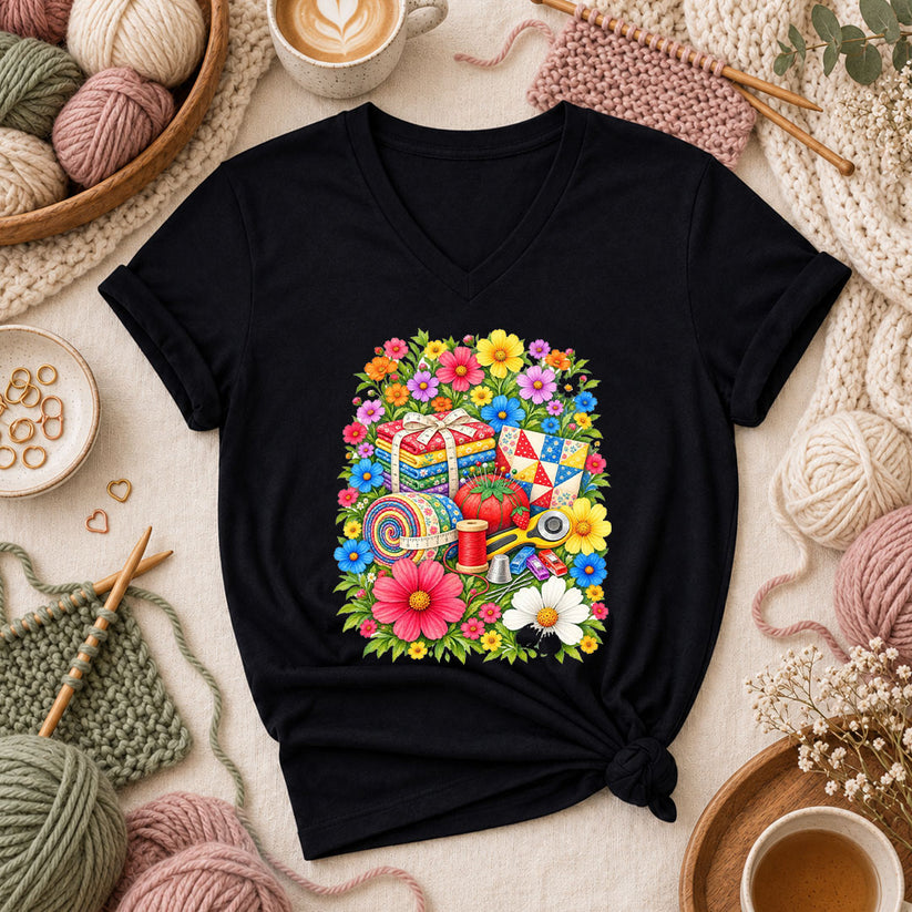 Floral Fabric Bundle With Pincushion And Rotary Cutter Women's V-Neck - Black