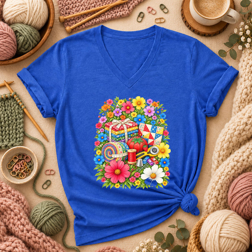 Floral Fabric Bundle With Pincushion And Rotary Cutter Women's V-Neck - Heather True Royal