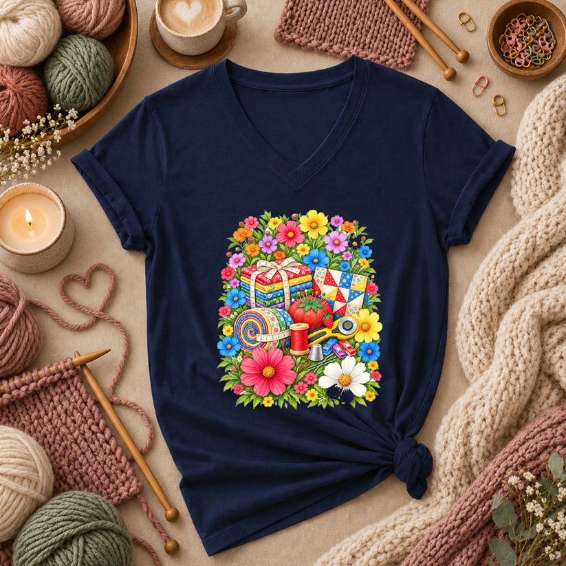 Floral Fabric Bundle With Pincushion And Rotary Cutter Women's V-Neck - Navy