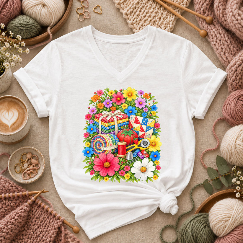 Floral Fabric Bundle With Pincushion And Rotary Cutter Women's V-Neck - White