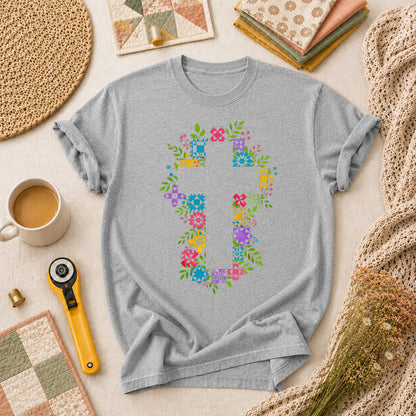 Floral Quilt Block Cross Faith T-Shirt - Athletic Heather