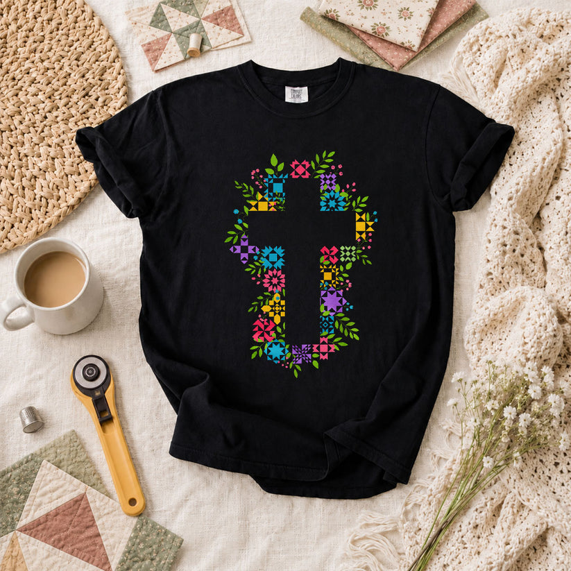 Floral Quilt Block Cross Faith T-Shirt - Black