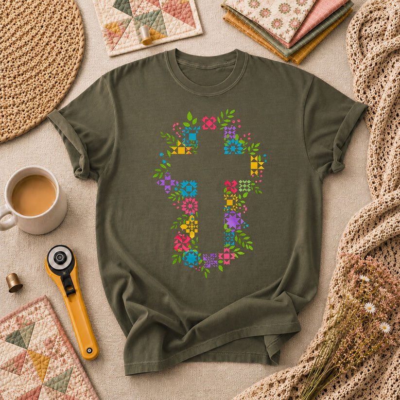Floral Quilt Block Cross Faith T-Shirt - Military Green