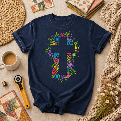 Floral Quilt Block Cross Faith T-Shirt - Navy