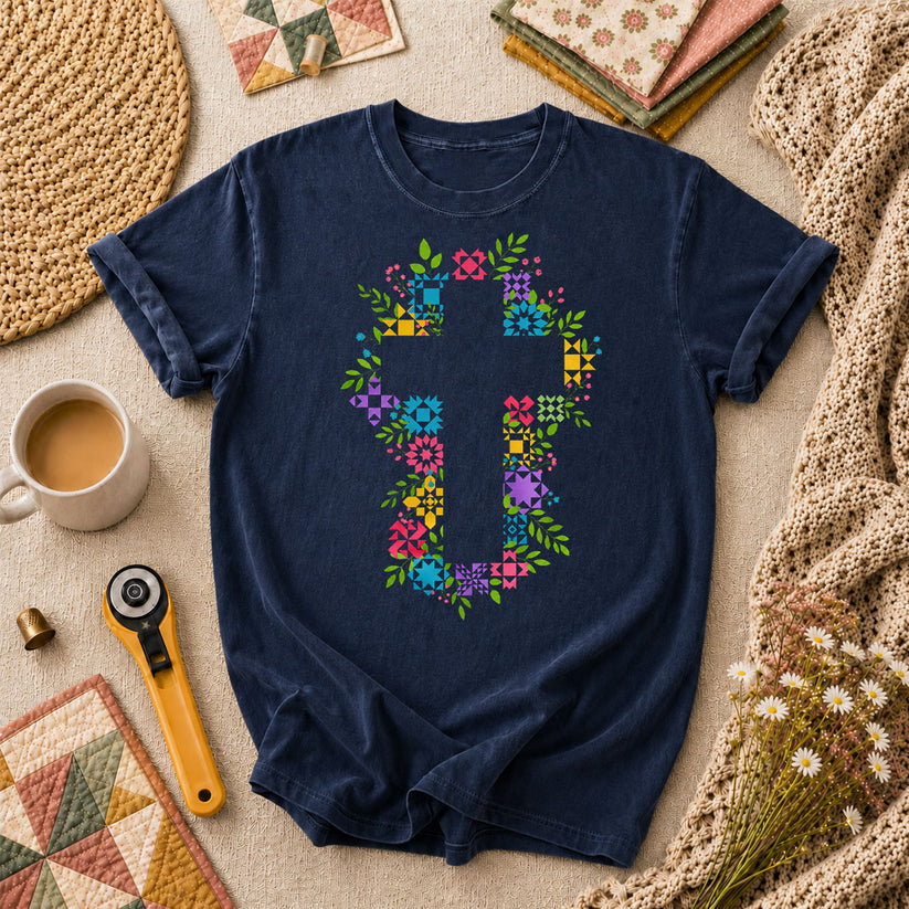 Floral Quilt Block Cross Faith T-Shirt - Navy
