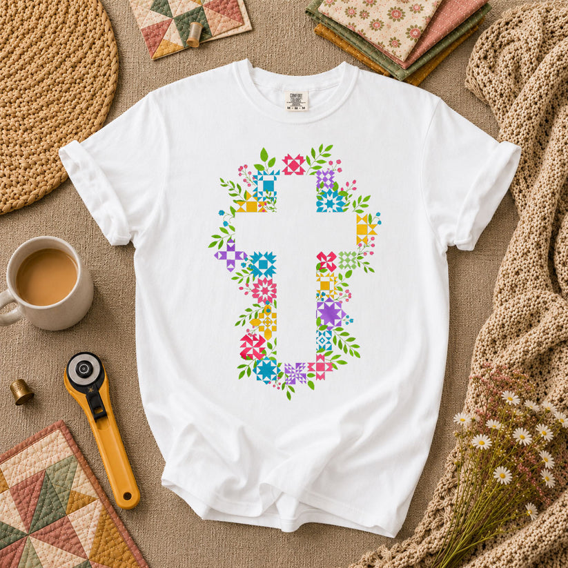 Floral Quilt Block Cross Faith T-Shirt - White