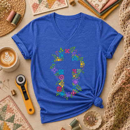 Floral Quilt Block Cross Faith Women's V-Neck - Heather True Royal