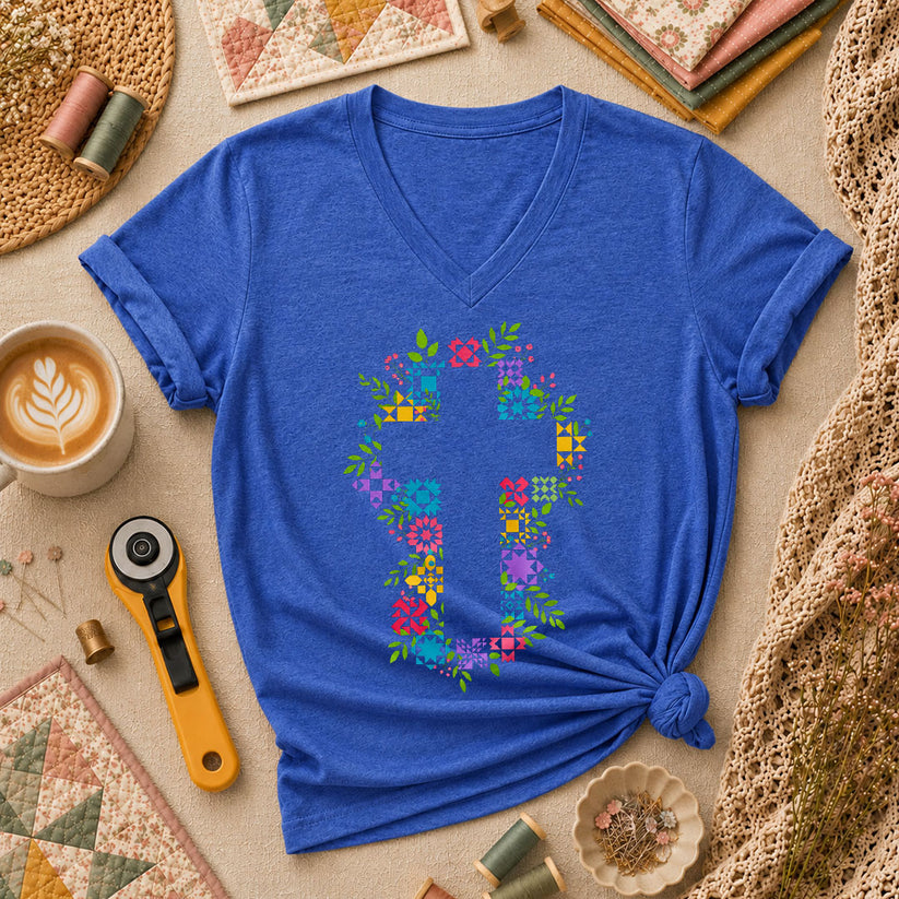 Floral Quilt Block Cross Faith Women's V-Neck - Heather True Royal