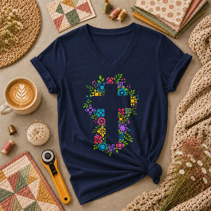 Floral Quilt Block Cross Faith Women's V-Neck - Navy