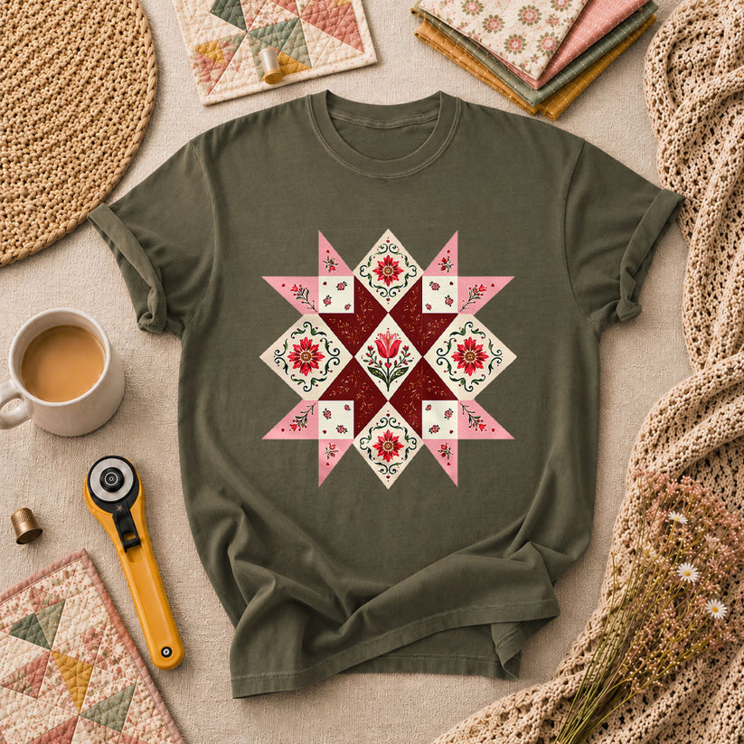 Floral Quilt Star Block Tulip Vintage Pattern T-Shirt - Military Green