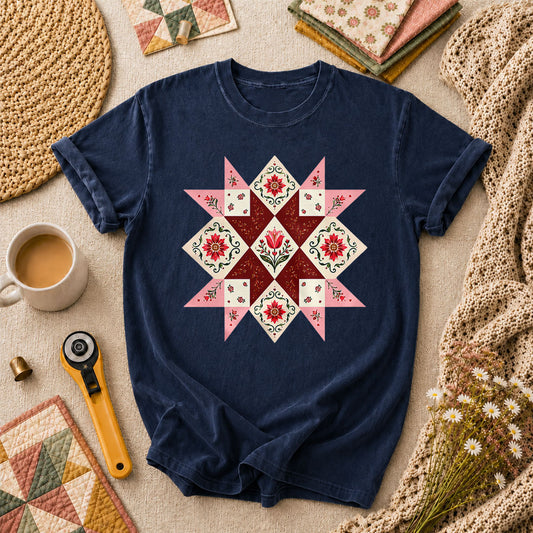 Floral Quilt Star Block Tulip Vintage Pattern T-Shirt - Navy