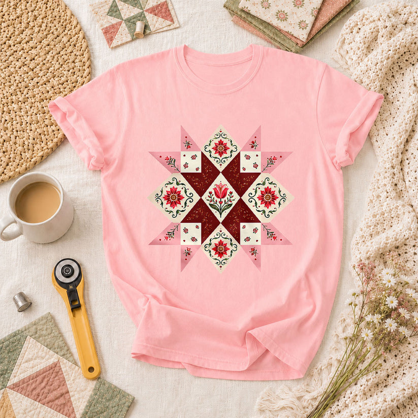 Floral Quilt Star Block Tulip Vintage Pattern T-Shirt - Pink