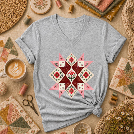 Floral Quilt Star Block Tulip Vintage Pattern Women's V-Neck - Athletic Heather