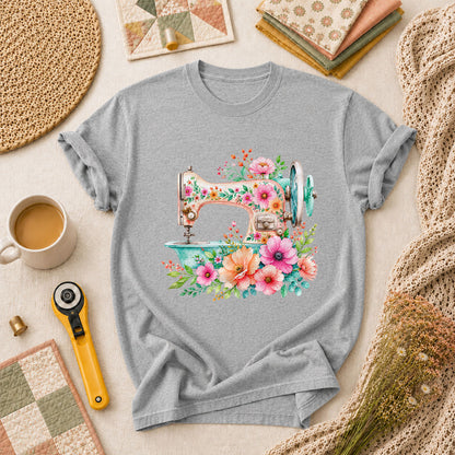 Floral Vintage Sewing Machine T-Shirt - Athletic Heather
