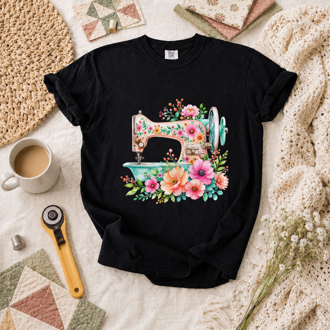 Floral Vintage Sewing Machine T-Shirt - Black