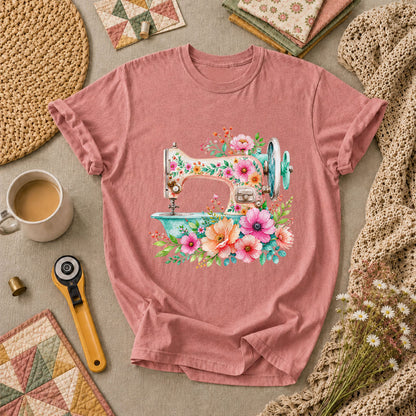 Floral Vintage Sewing Machine T-Shirt - Heather Mauve