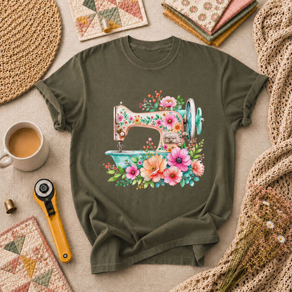 Floral Vintage Sewing Machine T-Shirt - Military Green