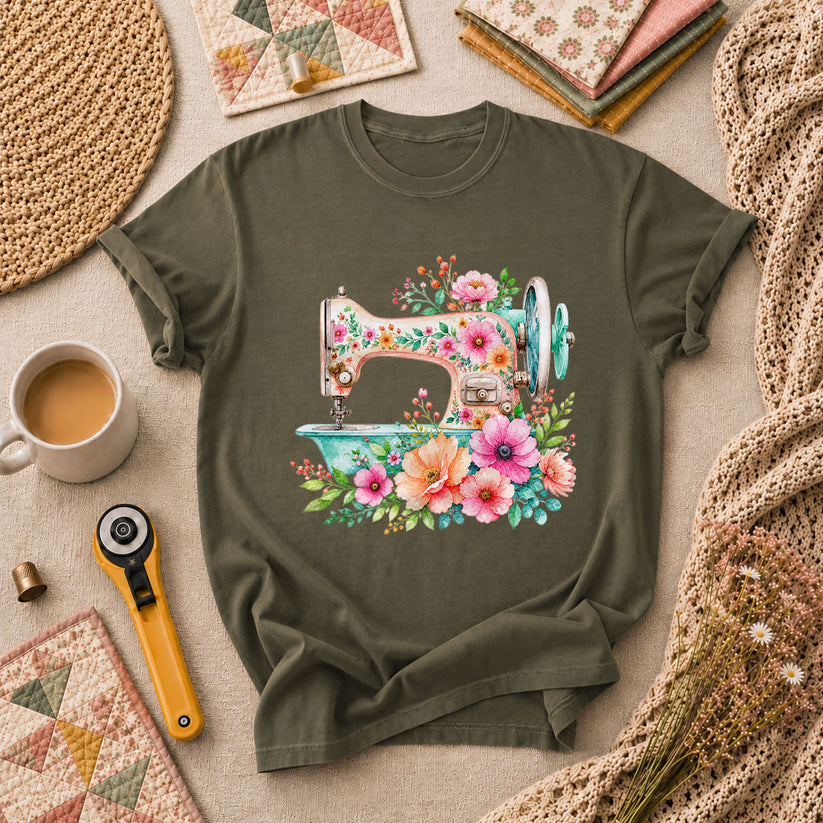 Floral Vintage Sewing Machine T-Shirt - Military Green