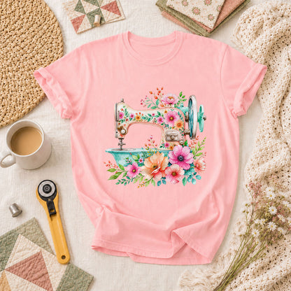 Floral Vintage Sewing Machine T-Shirt - Pink
