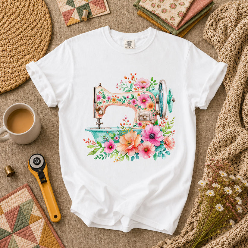 Floral Vintage Sewing Machine T-Shirt - White