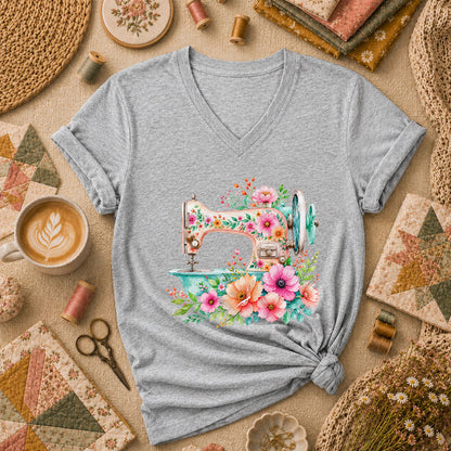 Floral Vintage Sewing Machine Women's V-Neck - Athletic Heather