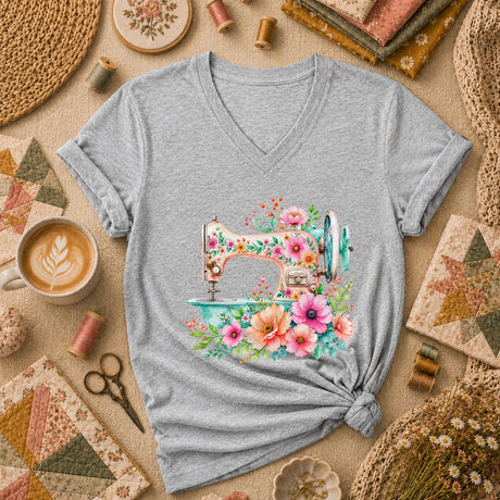 Floral Vintage Sewing Machine Women's V-Neck