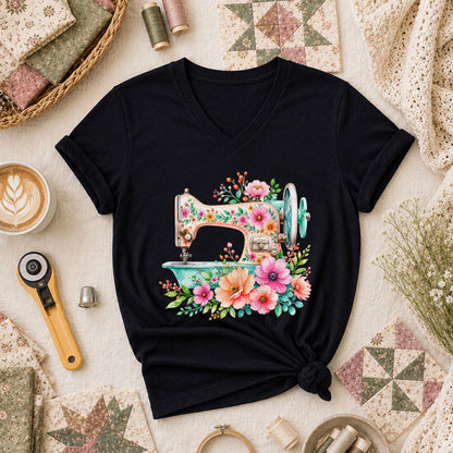 Floral Vintage Sewing Machine Women's V-Neck - Black