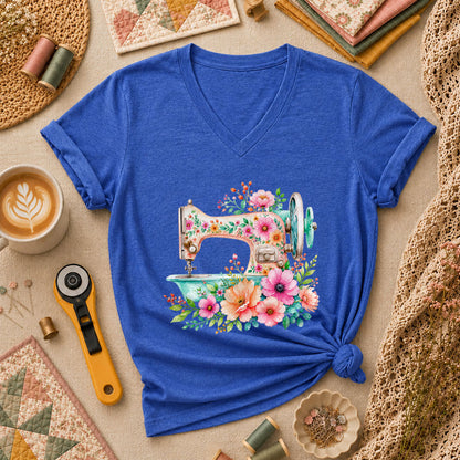 Floral Vintage Sewing Machine Women's V-Neck - Heather True Royal