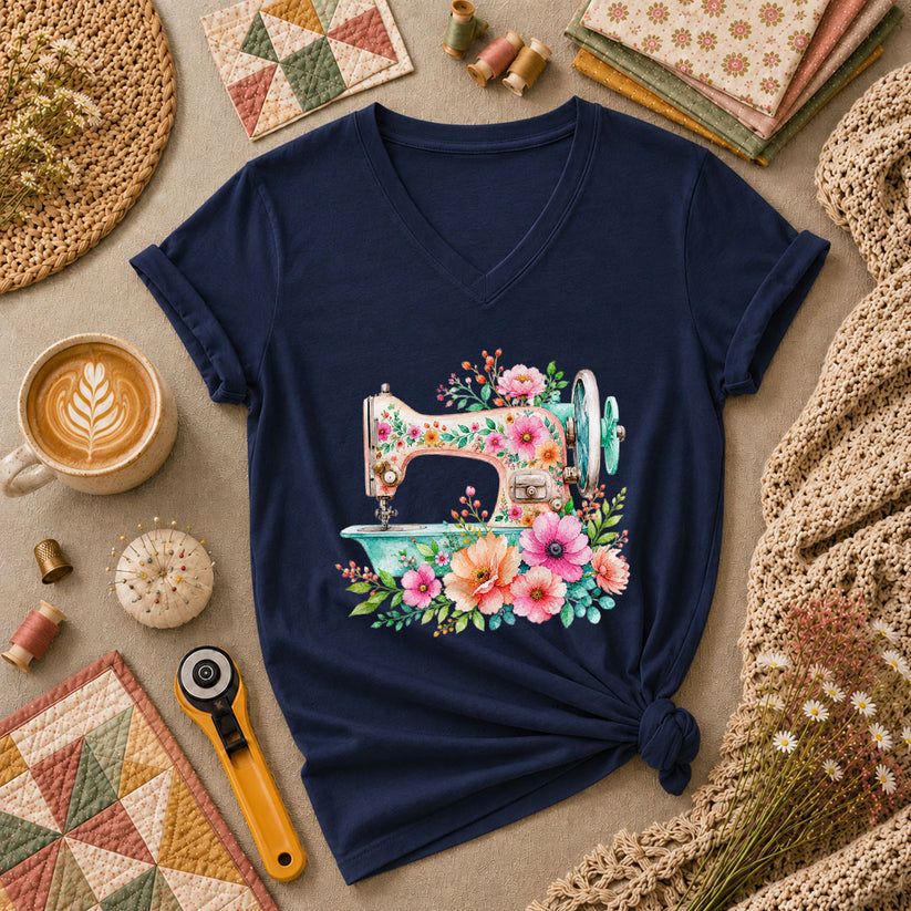 Floral Vintage Sewing Machine Women's V-Neck - Navy