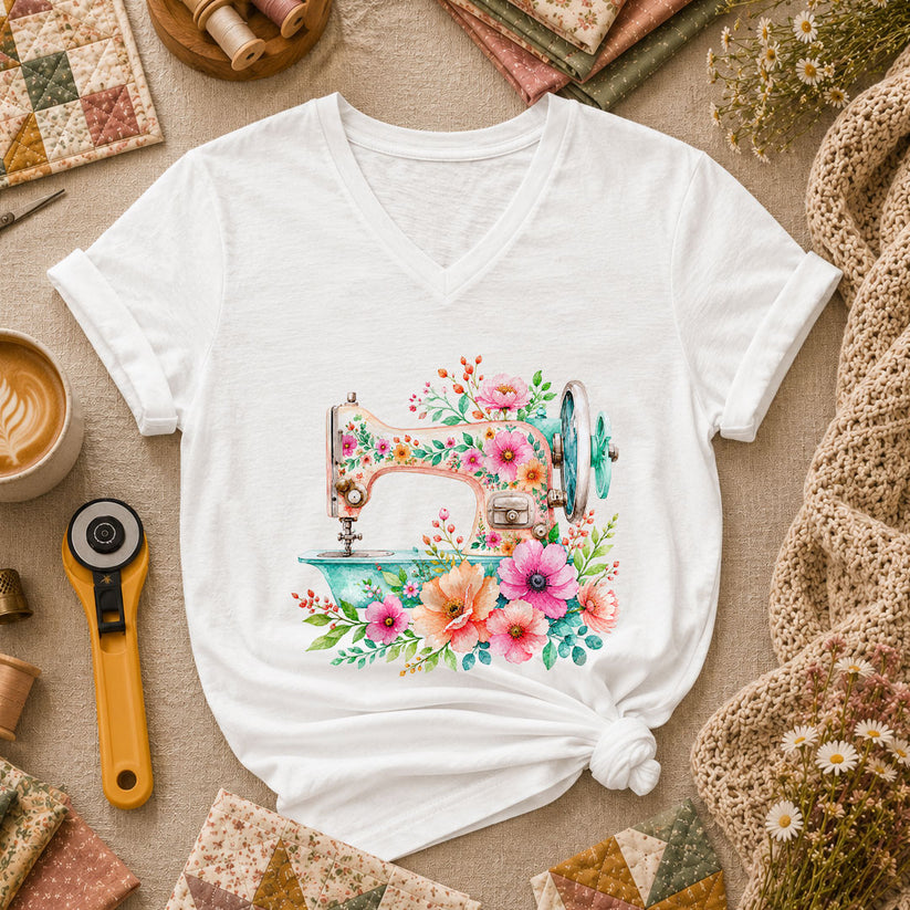 Floral Vintage Sewing Machine Women's V-Neck - White