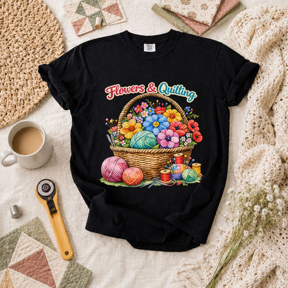 Flowers And Quilting Basket Wildflowers T-Shirt - Black