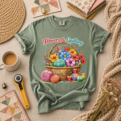 Flowers And Quilting Basket Wildflowers T-Shirt - Forest Green