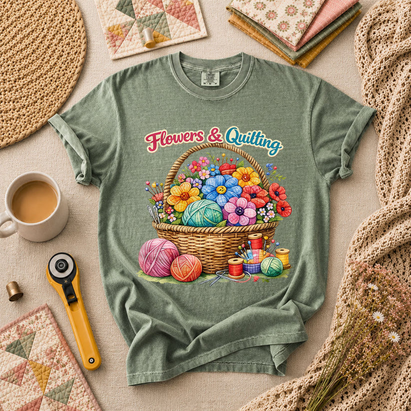Flowers And Quilting Basket Wildflowers T-Shirt - Forest Green