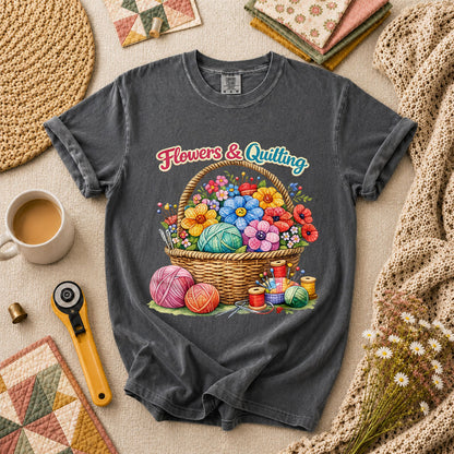 Flowers And Quilting Basket Wildflowers T-Shirt - Grey