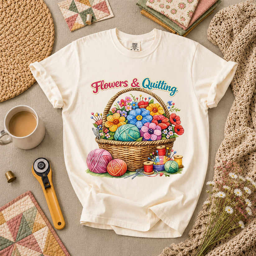Flowers And Quilting Basket Wildflowers T-Shirt - Ivory