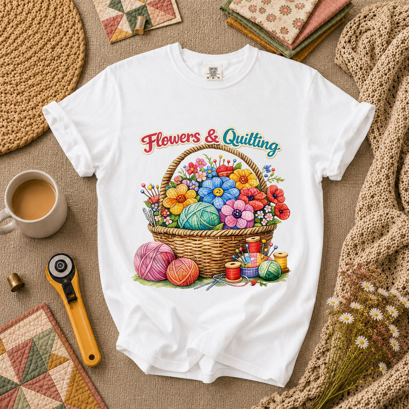 Flowers And Quilting Basket Wildflowers T-Shirt - White